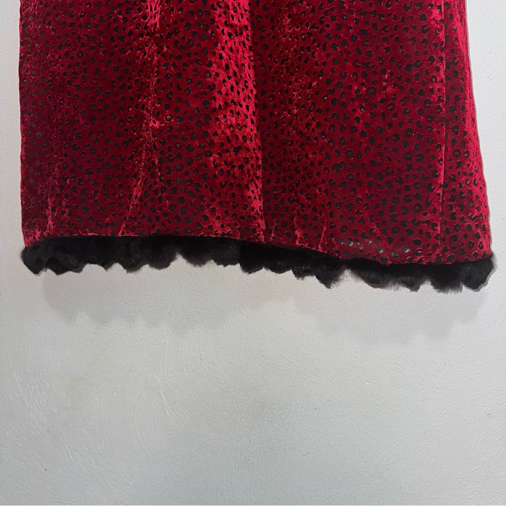 Vintage 90s Nicole Miller Red Burnout Velvet Dress w/ Fur Trim - Picture 11 of 15